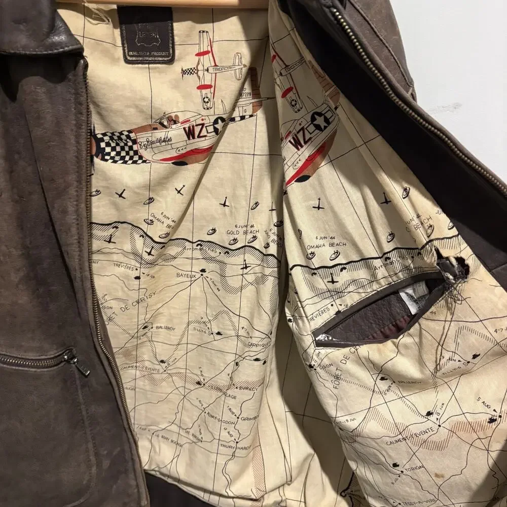 Vintage 1980s Hein Gericke Leather Bomber Flight Jacket Men's Size L Brown Map